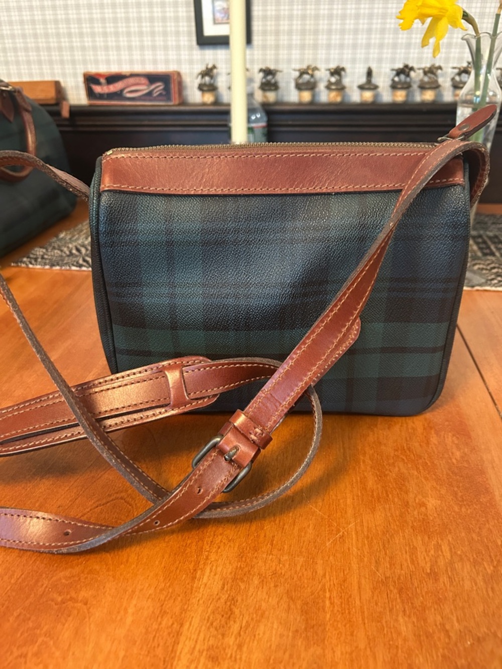 Ralph Lauren Green and Black Plaid Toiletry Crossbody with Brown Trim - Picture 3 of 7
